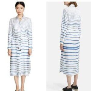 Theory Women's White & Blue Belted Midi Shirtdress Striped Silk Size Small